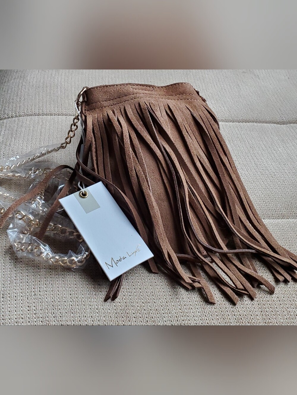 Moda Luxe Brown Fringe Suede Crossbody with Gold Chain
